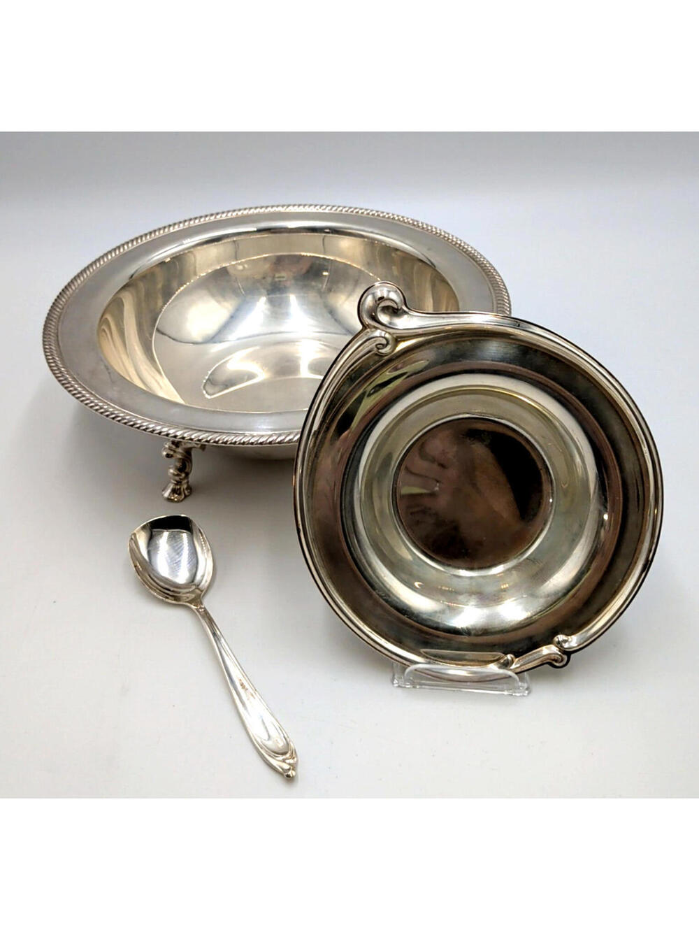 Vintage International Silver Co: 10.5" Footed Bowl + 6" Bowl + DEEPSILVER Spoon